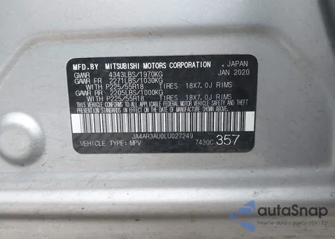 2020 Mitsubishi Outlander Sport 2.0 Be Awc/2.0 Es Awc/2.0 Se Awc/2.0 Sp Awc из США, поврежденный, VIN JA4AR3AU0LU027249